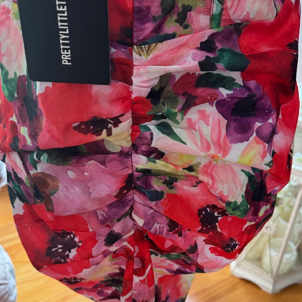 PrettyLittleThing Strapless Floral Twist-Front Midi Dress - Pink, Red, Purple - Picture 6 of 9